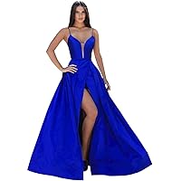 Women Long V-Neck Prom Dresses with Pockets Sleeveless Satin Formal Evening Gowns
