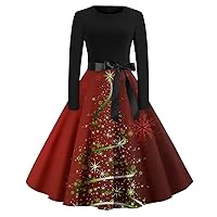 Christmas Dresses for Women Casual Fashion Snowflake Print Long Sleeve Dress Cutout Party Casual Round Neck Dress