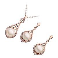 GWG Jewellery Set Coated Pendant Necklace and Earrings White Pearl Graced with Diamond Clear Crystals Water Drop Shape
