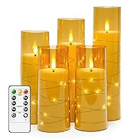Flameless Candles Battery Operated,5 Pcs Acrylic Flickering LED Candles with Remote,with Embedded Star String Flameless Pillar Candle,Home Decor Halloween Christmas Creating Ambiance(Gold)