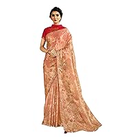 Orange Traditional wear Indian Women Designer Tissue Floral Foil Printed Saree Red Silk Blouse Sangeet Sari 2119