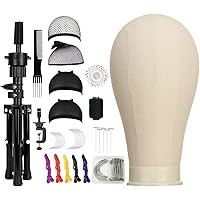 22 Inch Canvas Block Head Mannequin Wig Head, Wig Stand Tripod with Head, Mannequin Head Wig Display Styling Head, Manikin Block Head Set for Wigs Making Display with Wig Caps, T+C Pins Set&Brush