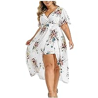 LFEOOST Plus Size Maxi Dress for Women Floral Print Short Sleeve V Neck Elastic Waist Dresses High Low Hem Flowy Long Dress