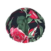Rose Flower Floral Full-Print Fashionable Shower Cap, Water-Resistant Polyester Fabric For Hair Protection