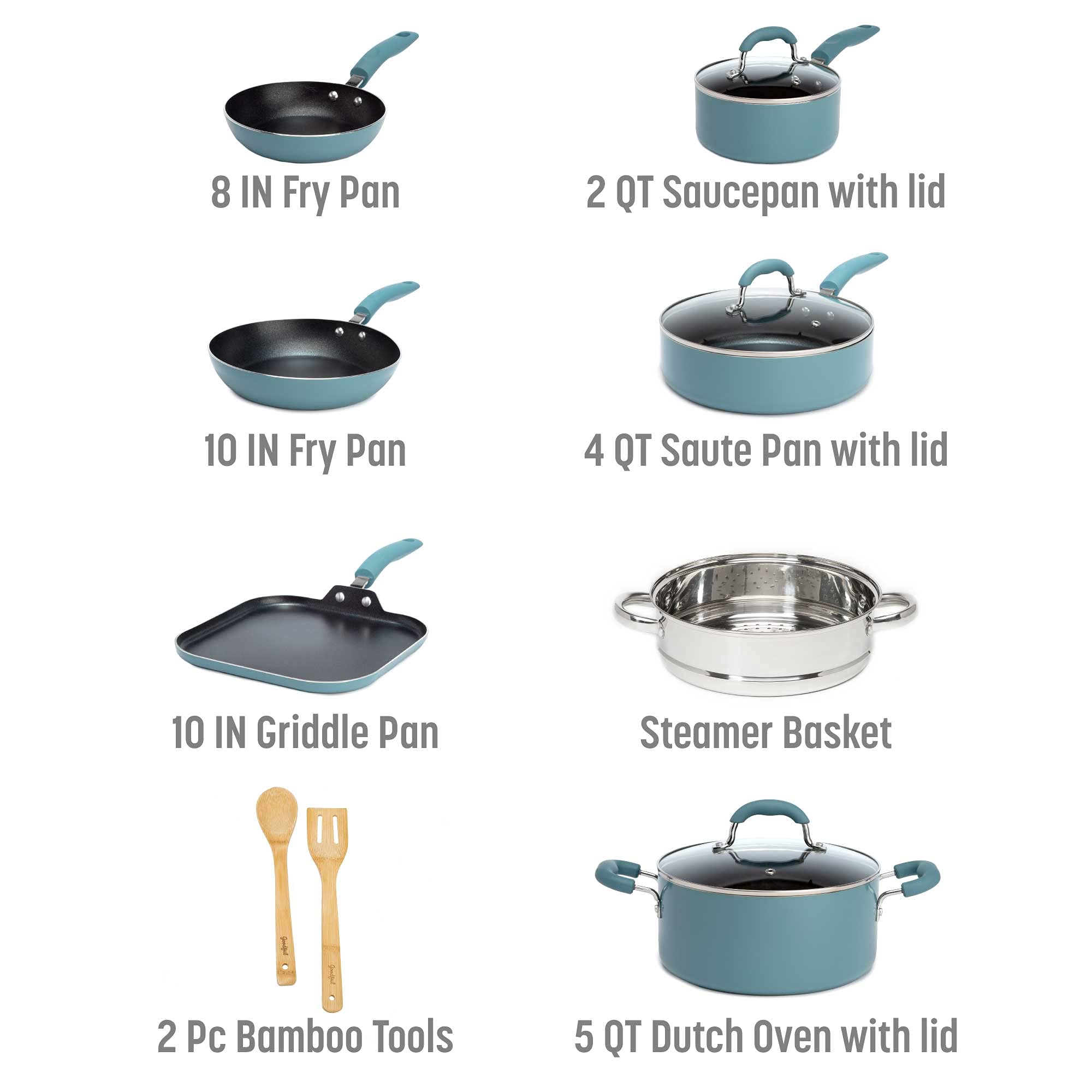 Goodful Cookware Set with Premium Non-Stick Coating, Dishwasher Safe Pots and Pans, Tempered Glass Steam Vented Lids, Stainless Steel Steamer, and Bamboo Cooking Utensils Set, 12-Piece, Turquoise