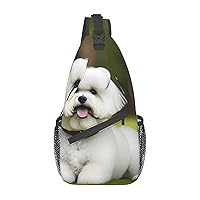 Sling Backpack,Travel Hiking Daypack Cute Bichon Frise Dog Print Rope Crossbody Shoulder Bag