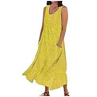 Womens Dresses Linen Maxi Dress Sleeveless Tank Dress U Neck Simple Beach Sundress with Pockets Women Clothing
