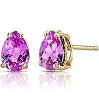 Peora Solid 14K Yellow Gold Created Pink Sapphire Earrings for Women, Classic Solitaire Studs, 7x5mm Pear Shape, 1.75 Carats total, Friction Back
