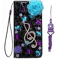 Sparkly Wallet Phone Case Compatible for Samsung Galaxy S10 Plus/Galaxy S10+ with Glass Screen Protector,Bling Diamonds Leather Stand Wallet Phone Cover with Lanyards (Music Note Flowers)