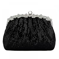 YYW Women Black Clutch Bag With Rhinestone Polyester Vintage Pattern Evening Handbag With Detachable Chain for Weddings Parties Bridal