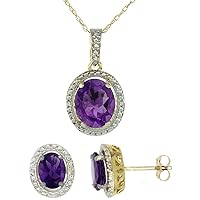 Silver City Jewelry 10K Yellow Gold 0.1 cttw Diamond Natural Amethyst Oval 7x5mm Earrings & 10x8mm Pendant Set