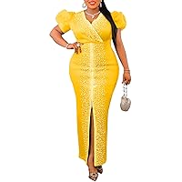 Womens Sexy Puff Sleeve Deep V Neck Rhinestones Bodycon Split Party Clubwear Long Prom Dress