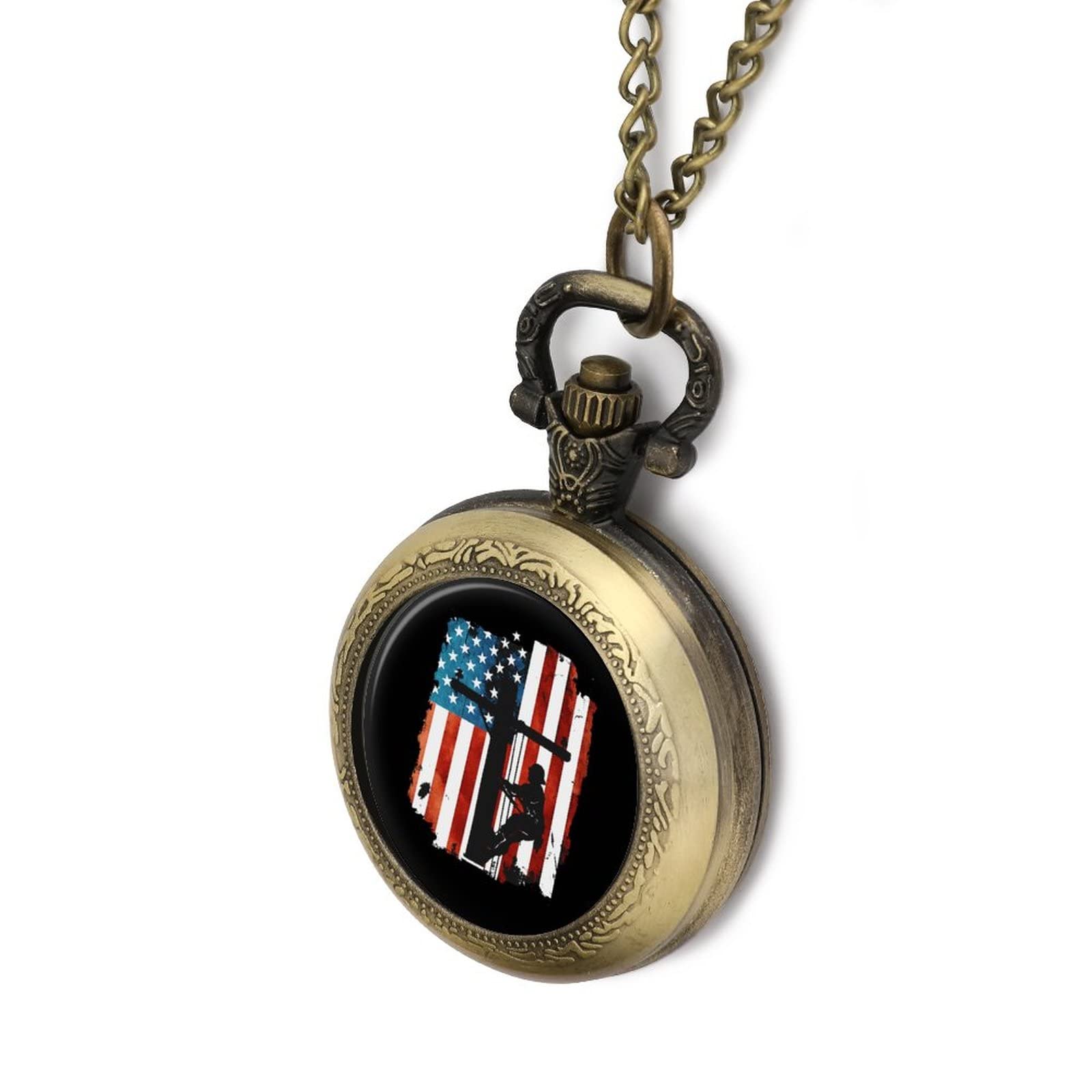 Lineman American Flag Electric Cable Lineman Quartz Pocket Watch With Chains Retro Necklace For Birthday Valentine's Day Wedding Gift