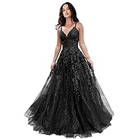 Tulle Prom Dresses for Women 2024 Sparkly Lace Appliques Long Ball Gowns with Spaghetti Straps A-Line Evening Dresses