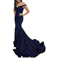 Off The Shoulder Prom Dresses for Women Glittery Mermaid Formal Party Long Evening Gowns Navy Blue