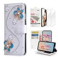 STENES Bling Wallet Phone Case Compatible with Samsung Galaxy S23 FE 5G - Stylish - 3D Handmade S-Link Flowers Butterfly Design Leather Girls Women Cover with Screen Protector [2 Pack] - Blue
