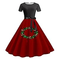 Women Xmas 1950s Retro Dress Christmas Wreath Print Swing Cocktail Dresses Bow Belted Boatneck Short Sleeve Tea Dress