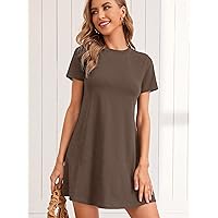 Dresses for Women Solid Round Neck Tee Dress (Color : Mocha Brown, Size : X-Small)