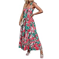 Women 2024 Summer Maxi Dress, Spaghetti Strap Square Neck Sleeveless Long Dress, Smocked Swiss Dot Beach Sundress