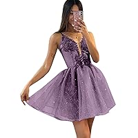 Spaghetti Strap V Neck Glitter Tulle Homecoming Dresses Short A Line Lace Appliques Prom Dresses for Teens