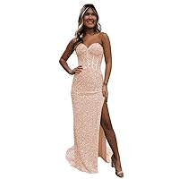 Long Strapless Sheat Mermaid Prom Dress with Corset Sweetheart Sequins Formal Dress with Split for Women SF031