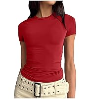 Women Short Sleeve Shirts Crew Neck Slim Fitted T Shirt Stretchy Bodycon Basic Tee Tops Summer Y2K Going Out Clothes