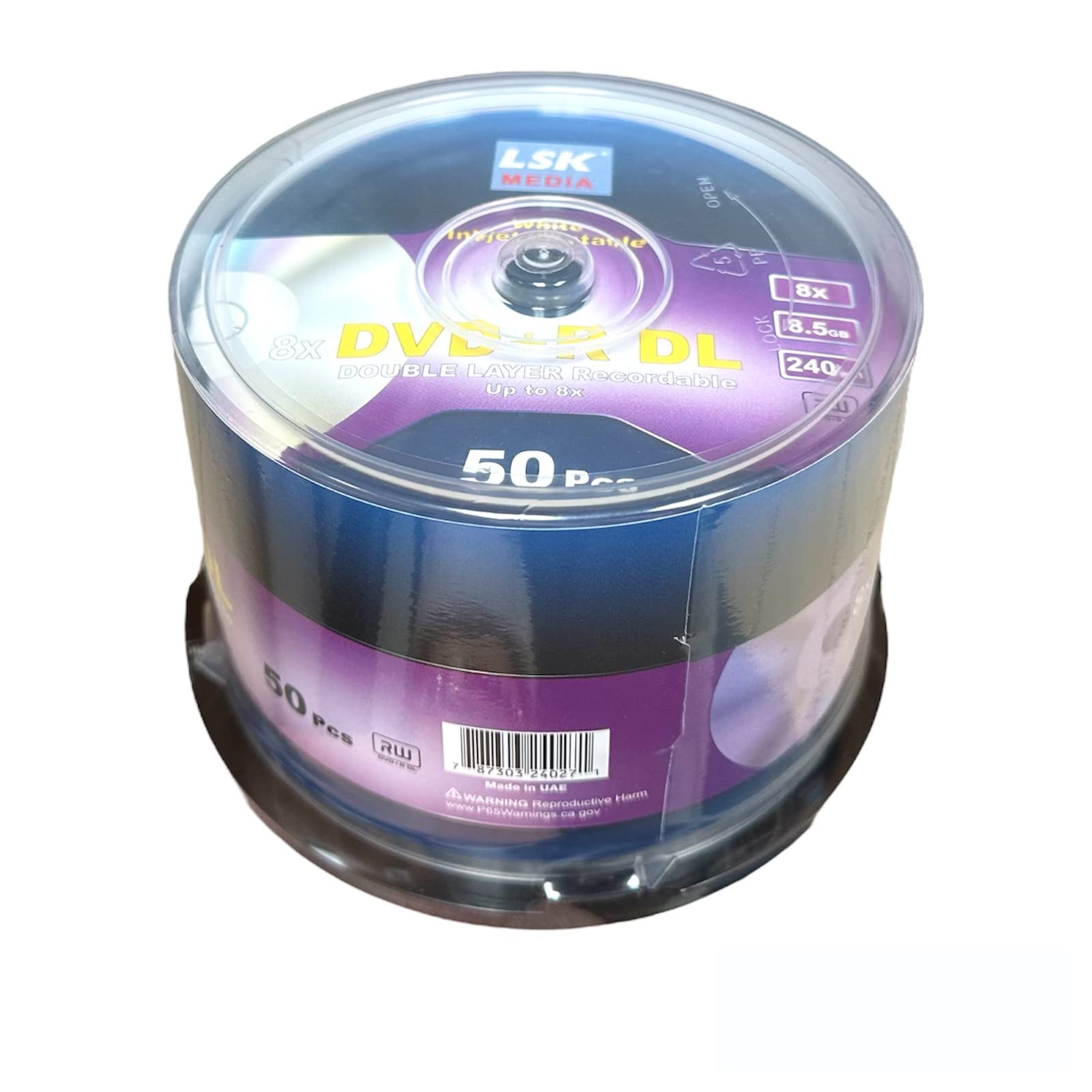 DVD+R DL Double Layer 8X 8.5GB 240min Video, White Inkjet Printable, by LSK Media, 50 Pack in Spindle | Blank DVDs for Burning Video | DVD Discs Blank | Recordable DVDs