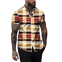 Men's Button Down Shirt Color Block Plaid Print Short Sleeve T Shirt Trendy Summer Tee Tops Graphic Slim Blouse