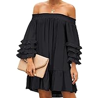 ZANZEA Women's Sexy Summer Cover Up Sundress Off Shoulder Chiffon Lace Ruffle Sleeve Blouse Mini Dress New Black-J69483 Medium