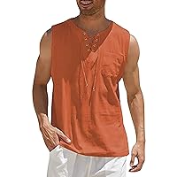 Men's Casual Cotton Linen Tank Top Sleeveless Lace Up Beach Hippie Tee Fashion V Neck Baggy T Shirt