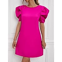 Women's Dresses Casual Wedding Solid Puff Sleeve Dress Wedding Guest (Color : Hot Pink, Size : Large)
