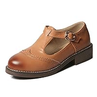 Women's Vintage T-Strap Mary Jane Pumps Round Toe Flat Low Heel Brogues School Uniform Oxford Shoes