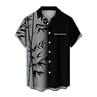 Men Hawaiian Shirt Color Block Short Sleeve Button Down Summer Beach Topical 2024 Fashion Palm Leaf Printed Graphic Funny Tee