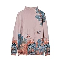 Women's Pink Wool Printed Knitted Mock Neck Long Sleeve Warm Pullover Sweater Dresses Tops 014