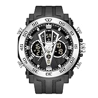KXAITO Men's Stainless Steel Case Sports Watch Military Watch Outdoor LED Stopwatch Digital Electronic Large Dual Display Waterproof Tactical Army Wrist Watches for Men