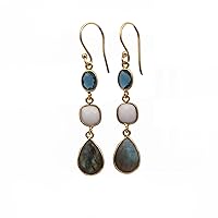 Gift For Her Bezel Set Pair | LBT & Agate & Labradorite Gemstone Hook Earring | Gold Plated Bezel Dangle Hook Earring | Bezel Set Handmade Earring Jewelry | 1759)100