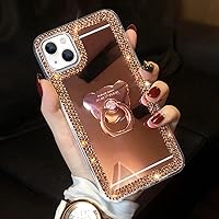 LUVI Compatible with iPhone 15 Plus Mirror Bling Case with Ring Cute Glitter Diamond Rhinestone Holder Loopy Finger Grip Kickstand Stand Luxury Fashion Cover for Women Girls Rose Gold