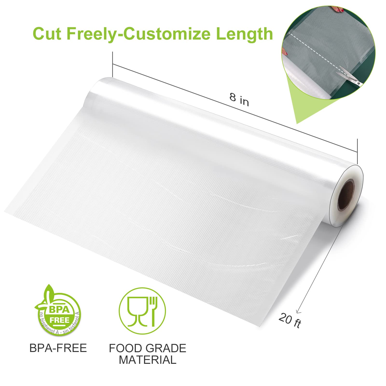 Bonsenkitchen Vacuum Food Sealer Rolls Bags, 2 Packs 8 in x 20 ft Storage Bags, BPA Free, Durable Commercial Customized Size Food Bags for Food Storage and Sous Vide Cooking