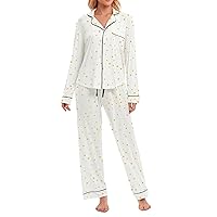 LUBOT 100% Cotton Pajamas for Women PJ Set Soft Button-Down 2 Piece Set Knitted Long Sleeve Sleepwear Loungewear S-XXL