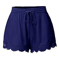 Shorts for Women with Pockets Summer Beach Solid Color Lace Flowy Shorts Loose Fit Elastic Waist Biker Shorts with Pockets
