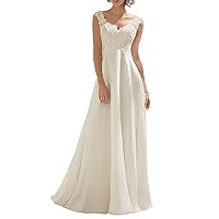 Women's Wedding Dress Lace Double V-Neck Sleeveless Evening Dress Lace Appliques with Button Bridal Gowns