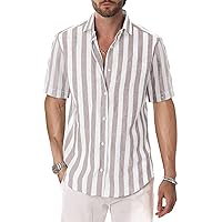 DELCARINO Mens Casual Short-Sleeved Shirt Vertical Stripe Stylish Cotton Linen Shirt