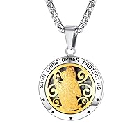 FaithHeart St Christopher Pendant Necklace Gold Plated Stainless Steel Two Tone Essential Oil Diffuser Locket Christian Protector Jewelry Charms Gift for Dad