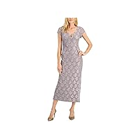 Connected Apparel Womens Slitted Sequined Pullover Lined Lace Boning Sheer Floral Short Sleeve V Neck Full-Length Evening Gown Dress Plus 14W Purple