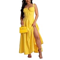 Womens Sexy Wrapped Chest Sleeveless Solid Color Casual Split Strap Dress