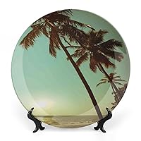 Decorative Ceramic Plate Round Porcelain Plate,6 inch,Palm Tree Pattern,for Fine Dining Upscale Events, Dinner Parties, Weddings, Catering,Green Brown