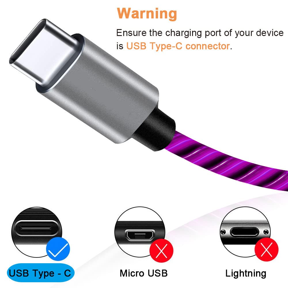 USB C Cable, 3A LED Light Up Fast Charger Charging Cords Type C Cable Compatible with Samsung Galaxy S21 S20 S10 S10E S9 S8 Plus Note 20 10 9 8, LG G8 and More (Purple, 6 ft) …