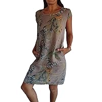 Needream Dresses, Women's Cotton and Linen Round Neck Printed Dress, Summer Dresses for Women 2024 with Sleeves