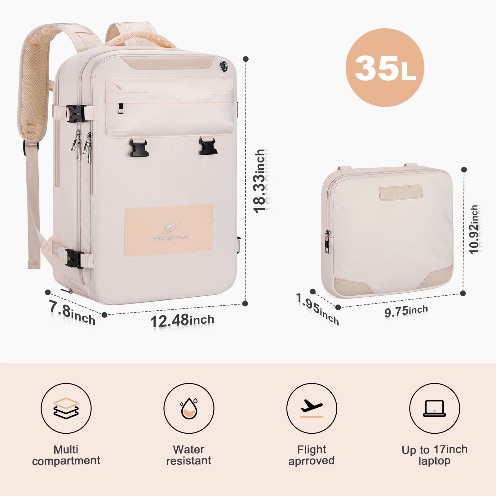 Maelstrom Travel Backpack for Women Men,35L Laptop Backpack Fits 17-Inch Laptop,Waterproof Carry On Backpack for Airplanes with Detachable Crossbody Bag&Shoe Compartment,Beige, Large