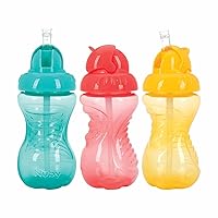 NUBY 3 Pack No Spill Flip it Soft Straw Toddler Sippy Cups - Toddler Cups Spill Proof with Easy and Firm Grip - BPA Free Toddlers Cups - Aqua, Coral, Yellow